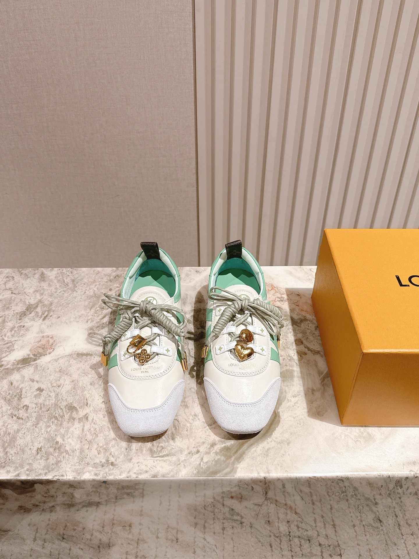 Louis Vuitton Mint Green & White Leather Sneakers with Gold Charms