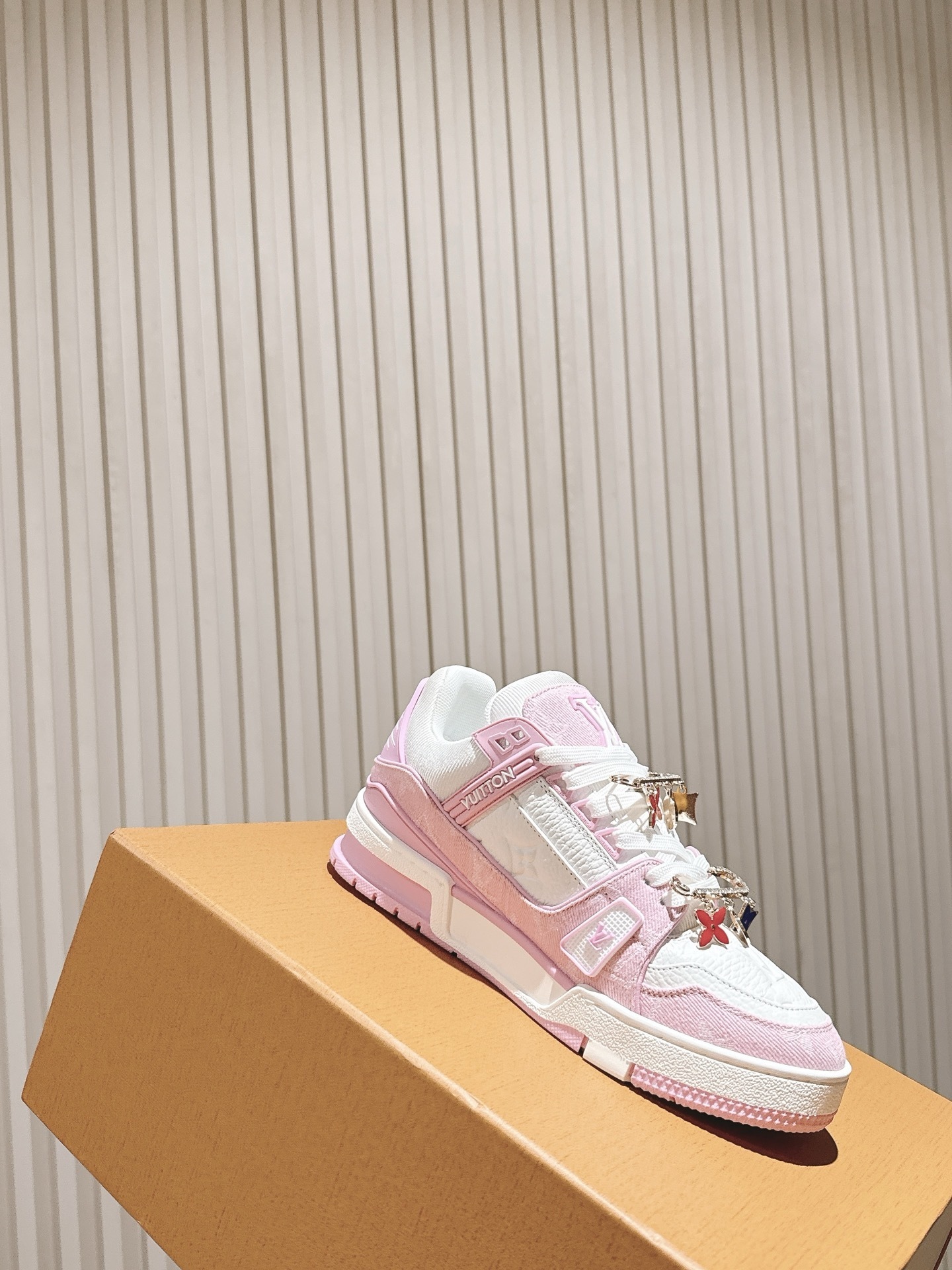 Louis Vuitton LV Trainer Pink White Sneakers with Floral Charms
