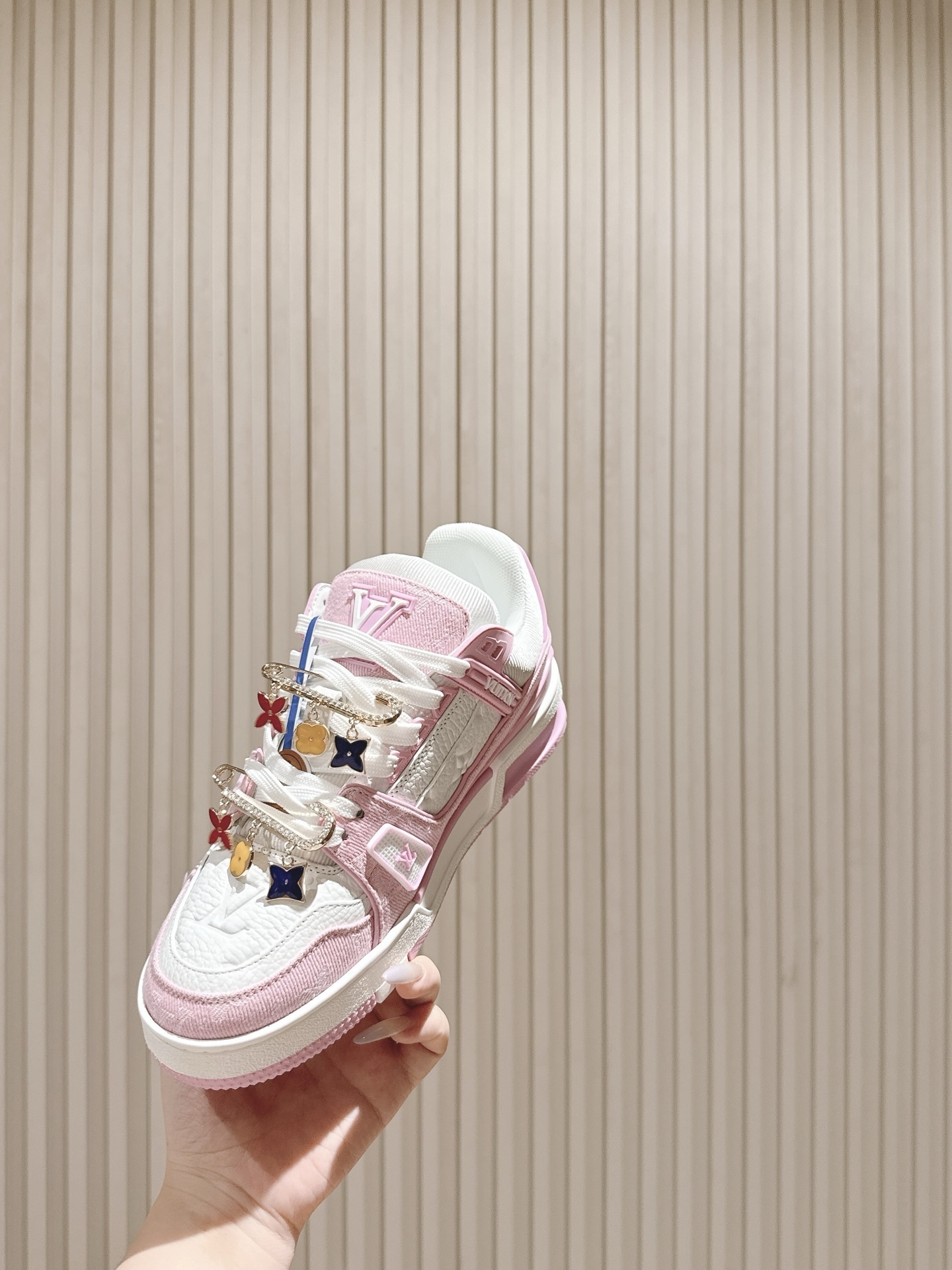 Louis Vuitton LV Trainer Pink White Sneakers with Floral Charms