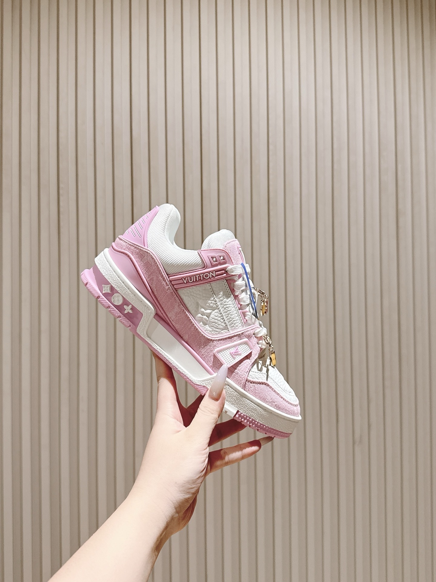 Louis Vuitton LV Trainer Pink White Sneakers with Floral Charms