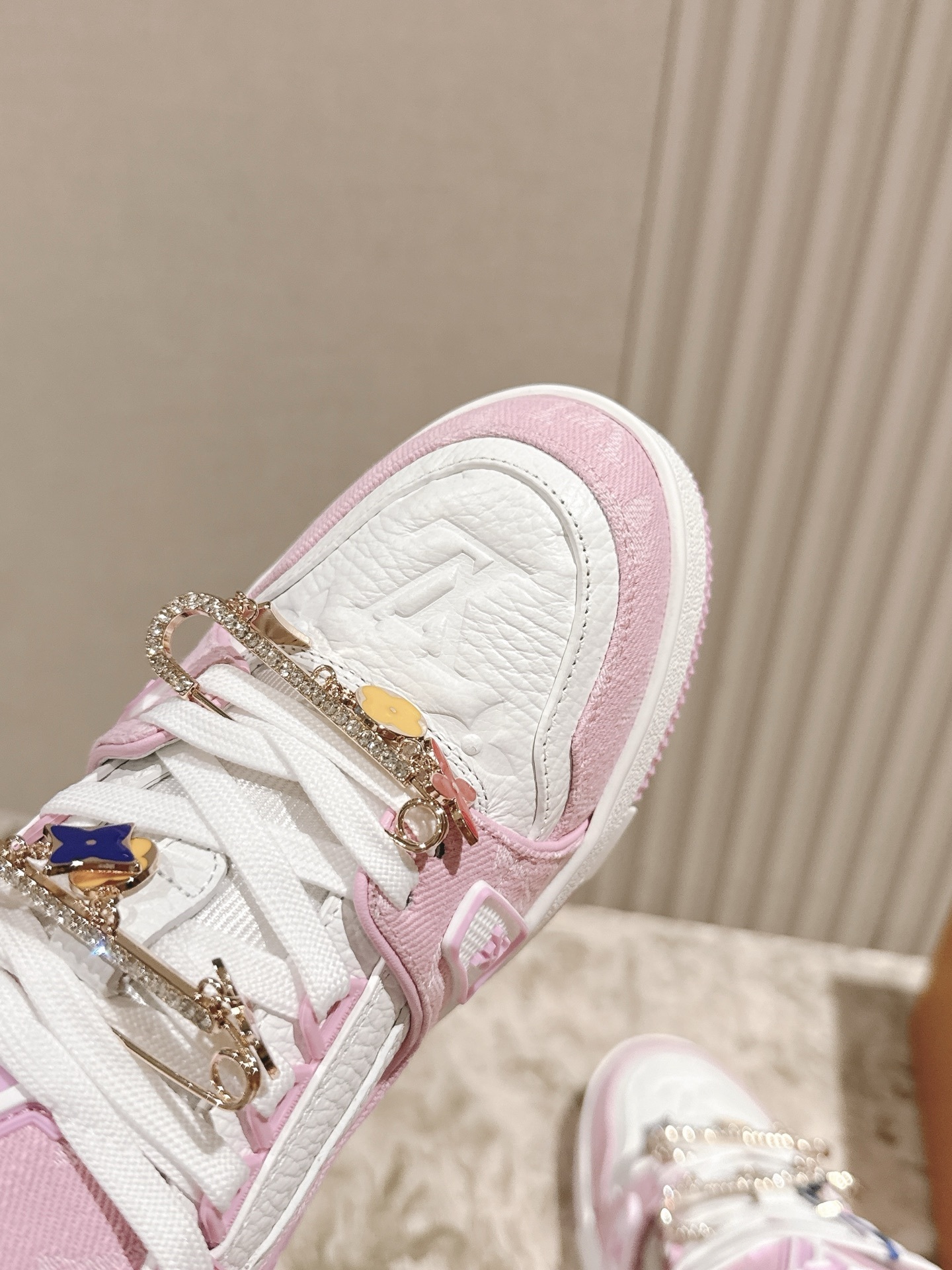Louis Vuitton LV Trainer Pink White Sneakers with Floral Charms