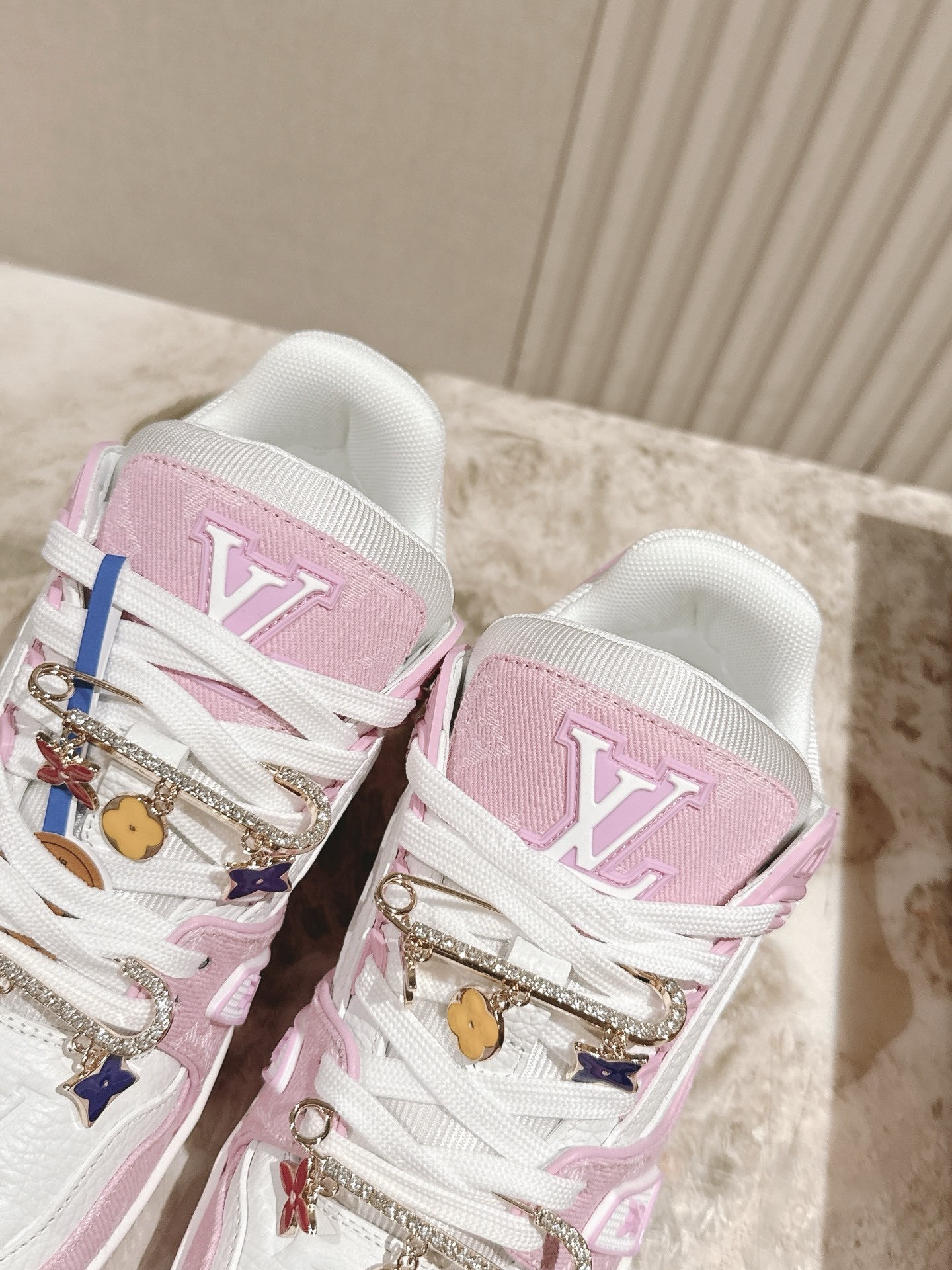Louis Vuitton LV Trainer Pink White Sneakers with Floral Charms