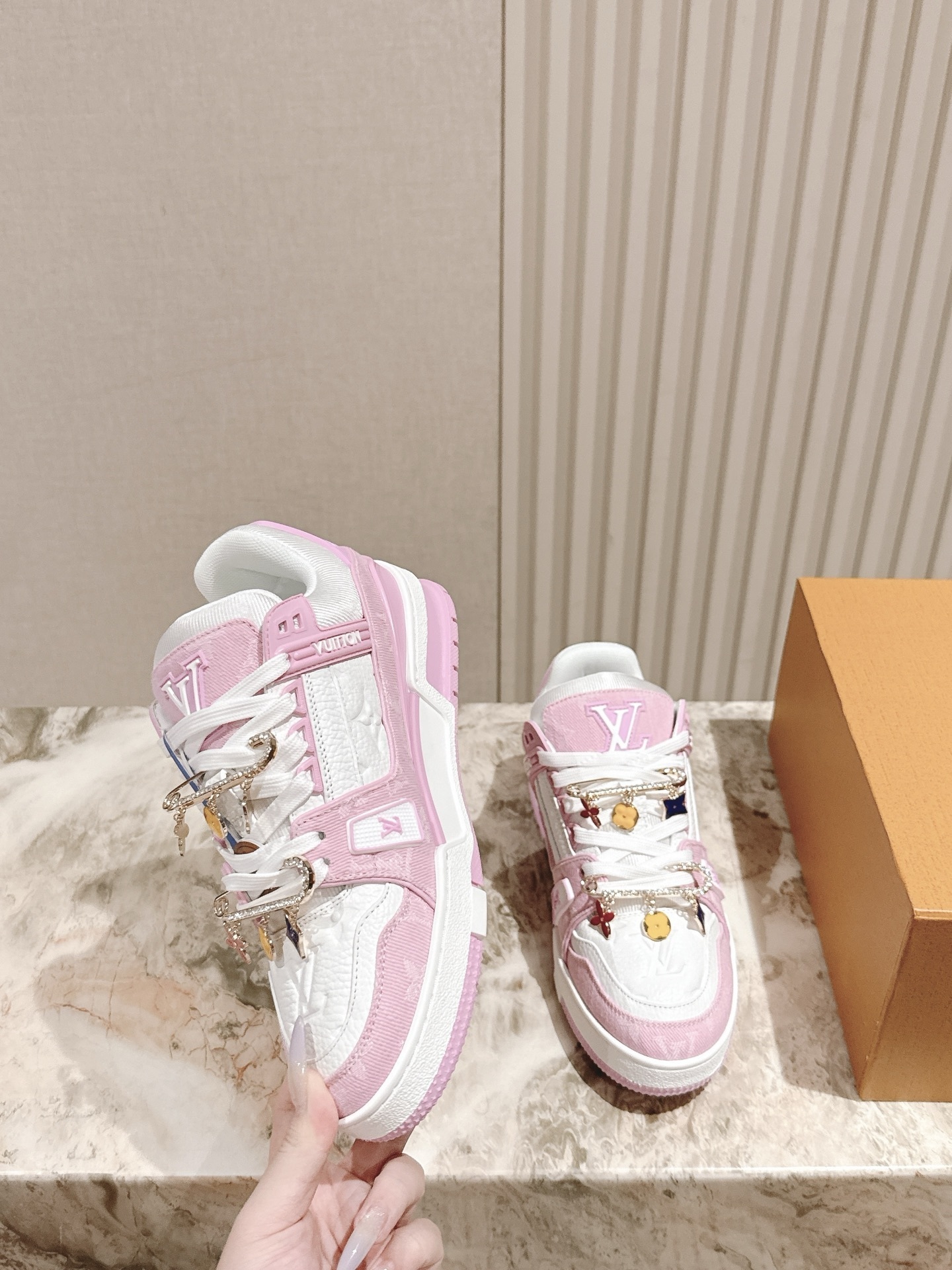 Louis Vuitton LV Trainer Pink White Sneakers with Floral Charms
