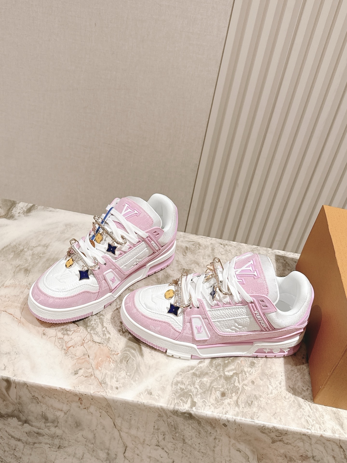 Louis Vuitton LV Trainer Pink White Sneakers with Floral Charms