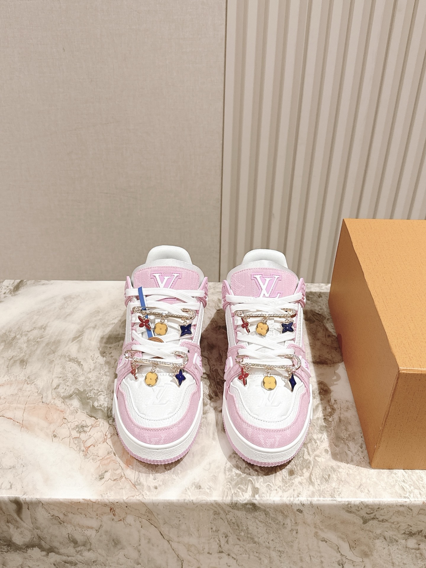 Louis Vuitton LV Trainer Pink White Sneakers with Floral Charms