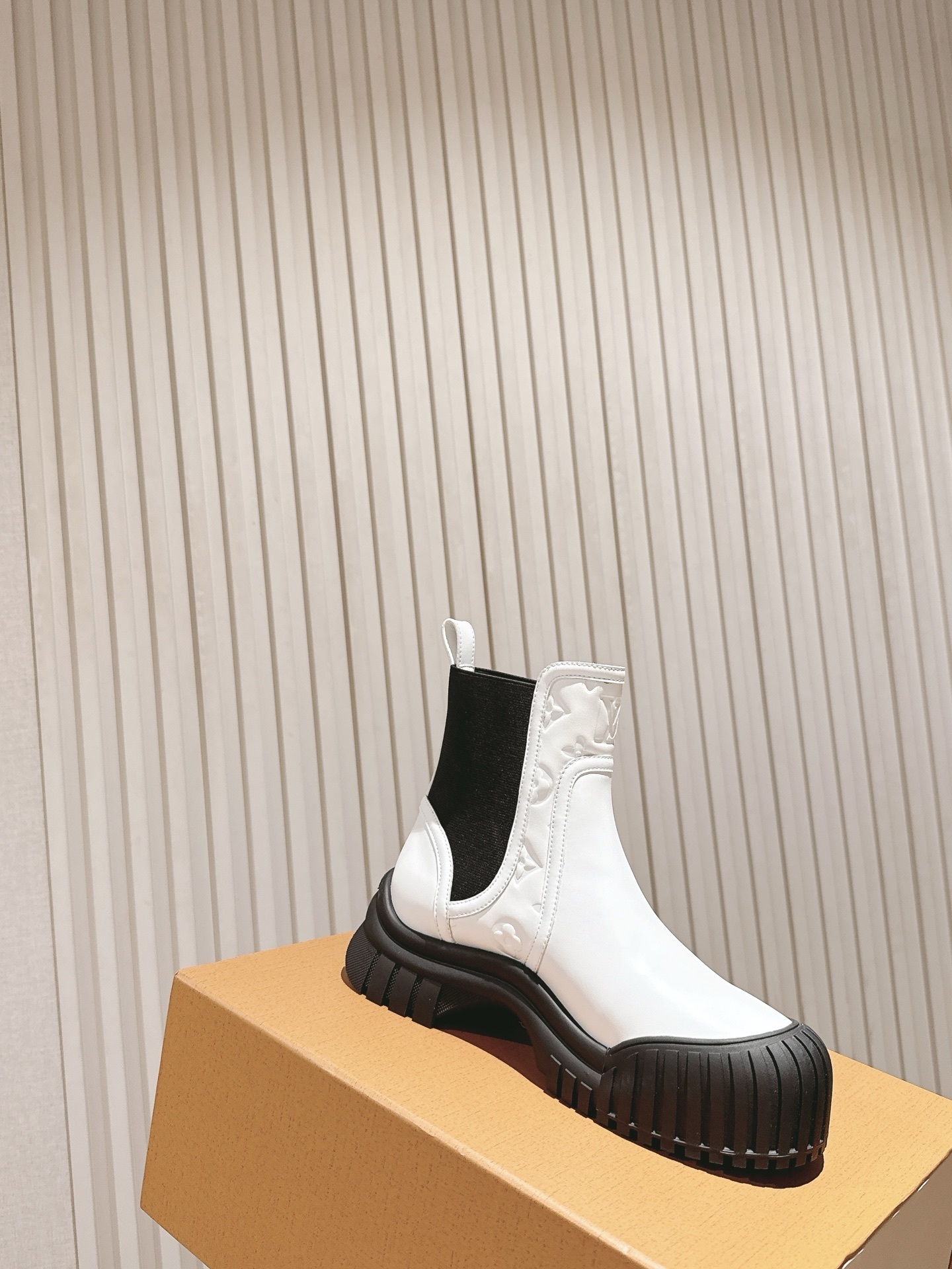 Louis Vuitton White Leather Ankle Boots with Black Chunky Platform