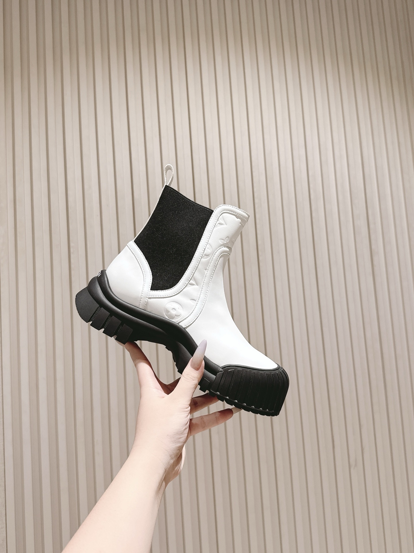Louis Vuitton White Leather Ankle Boots with Black Chunky Platform
