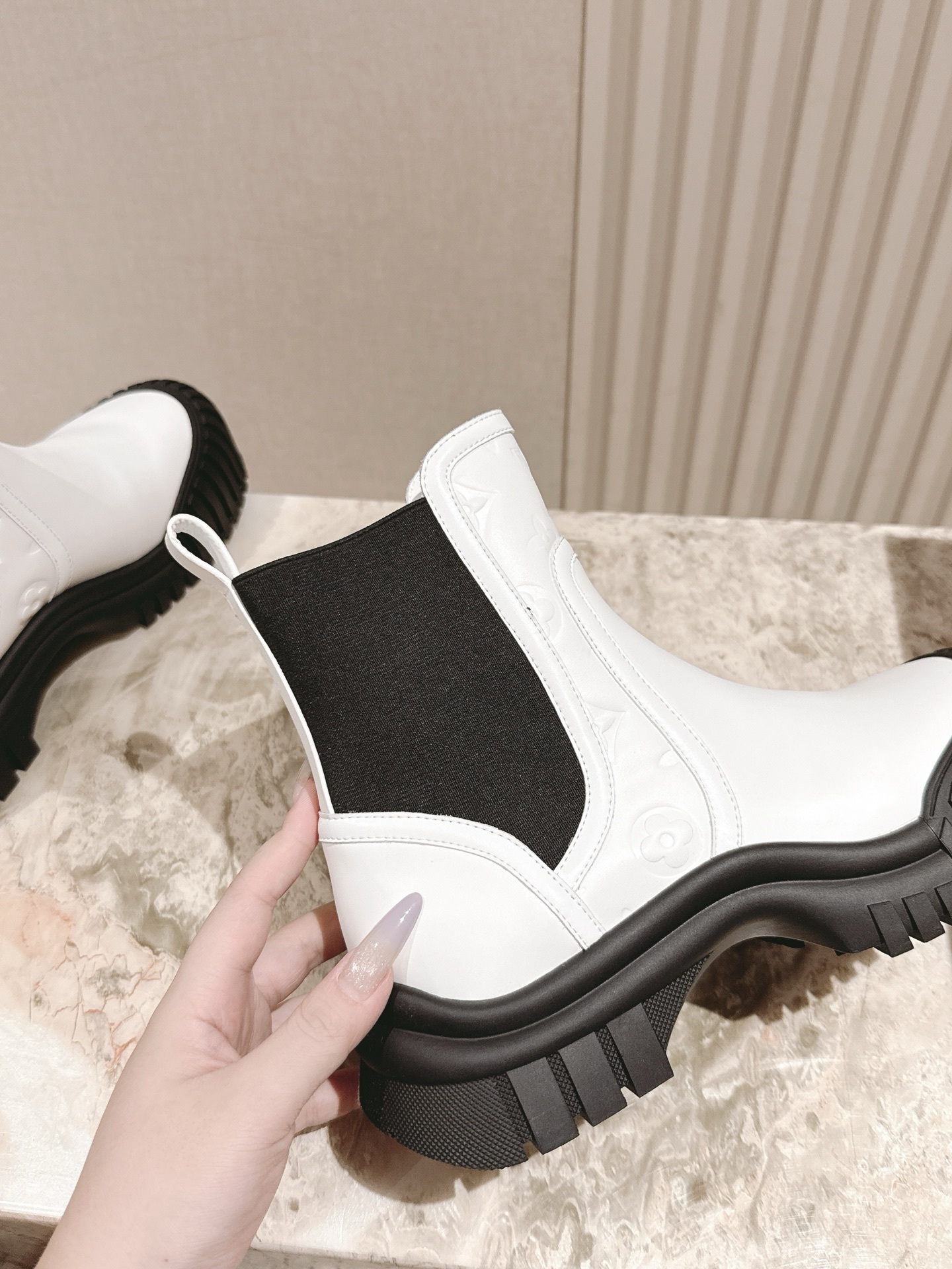 Louis Vuitton White Leather Ankle Boots with Black Chunky Platform