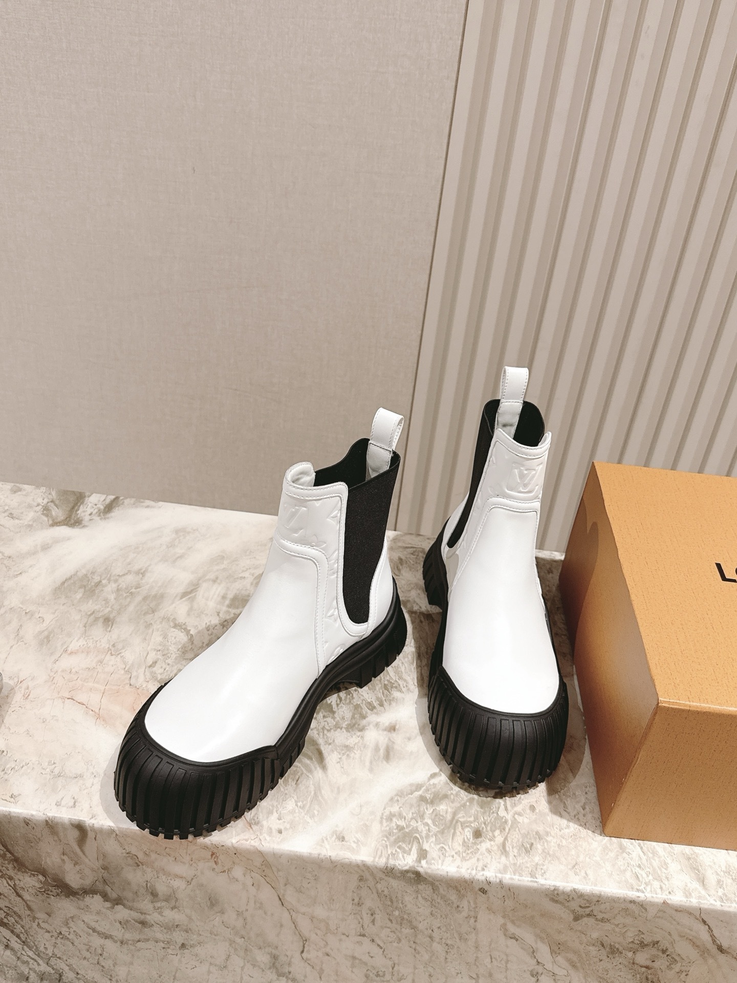 Louis Vuitton White Leather Ankle Boots with Black Chunky Platform