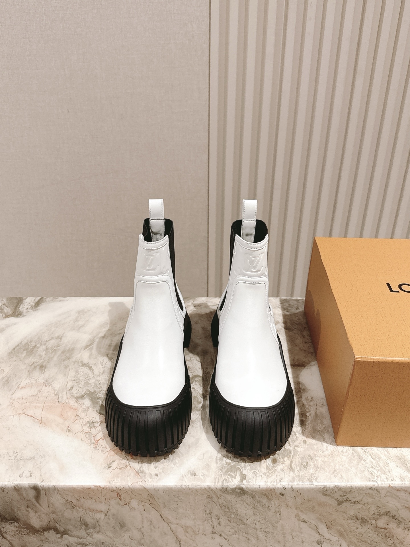 Louis Vuitton White Leather Ankle Boots with Black Chunky Platform