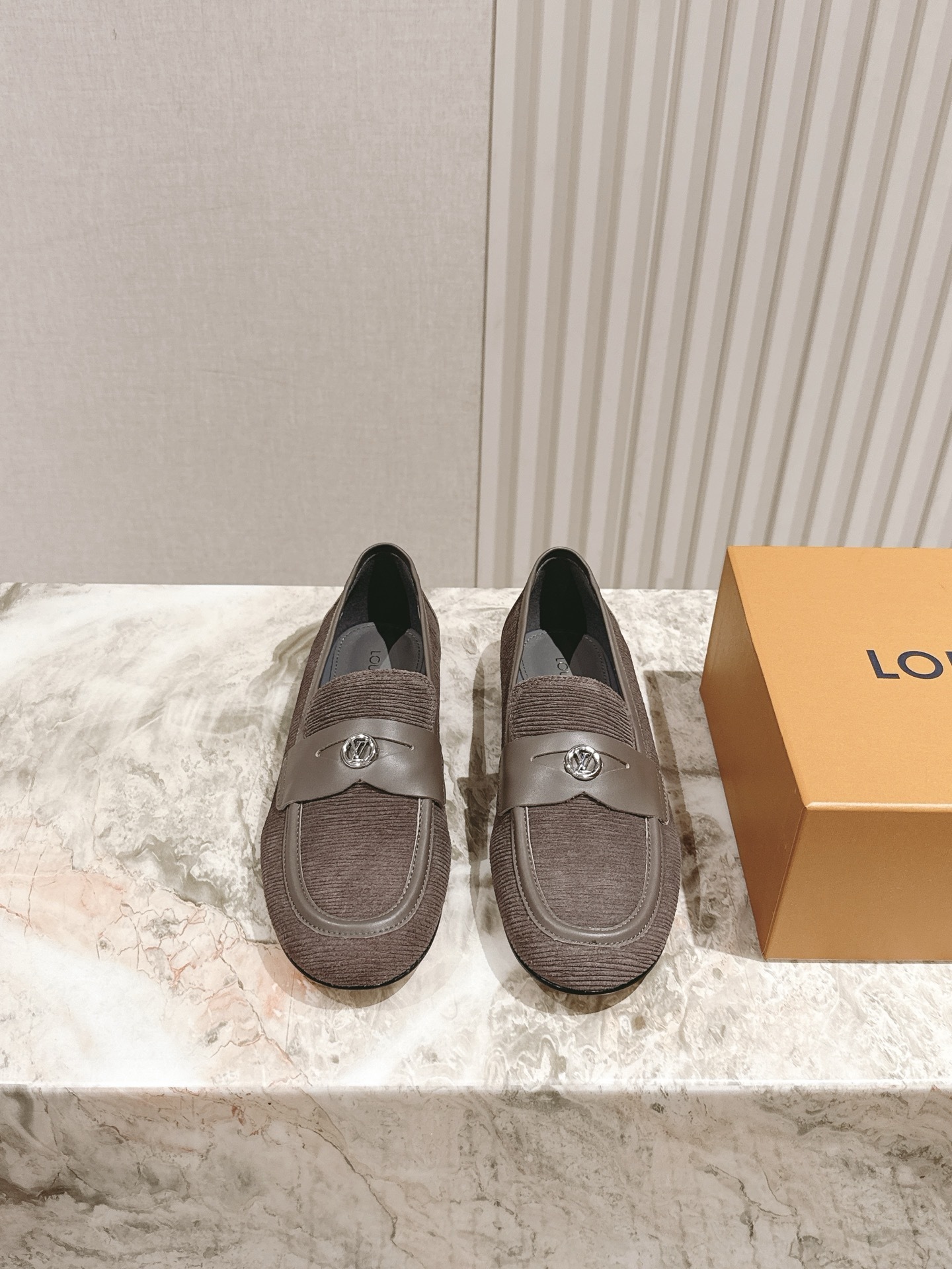 Louis Vuitton Men’s Corduroy Loafers in Taupe Gray – Luxury Slip-Ons