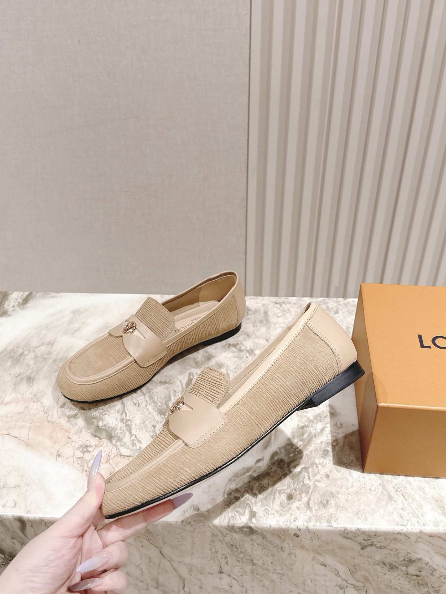 Louis Vuitton Women's Beige Textured Corduroy Loafers Luxury Flats