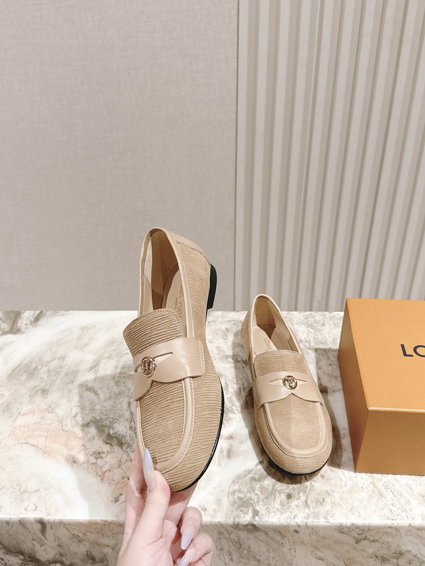 Louis Vuitton Women's Beige Textured Corduroy Loafers Luxury Flats