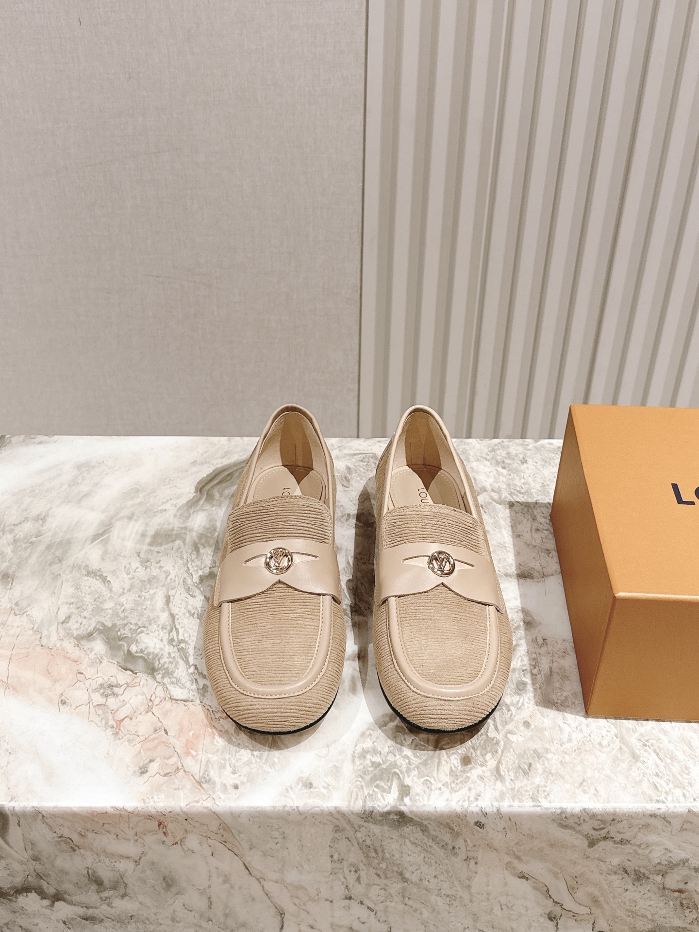 Louis Vuitton Women’s Beige Textured Corduroy Loafers Luxury Flats