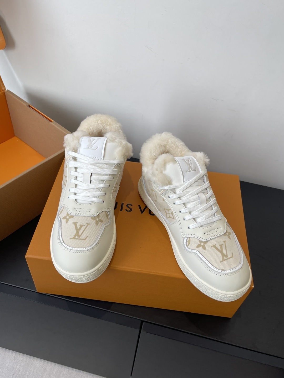 Louis Vuitton Women's Shearling-Lined Monogram Sneakers - Beige