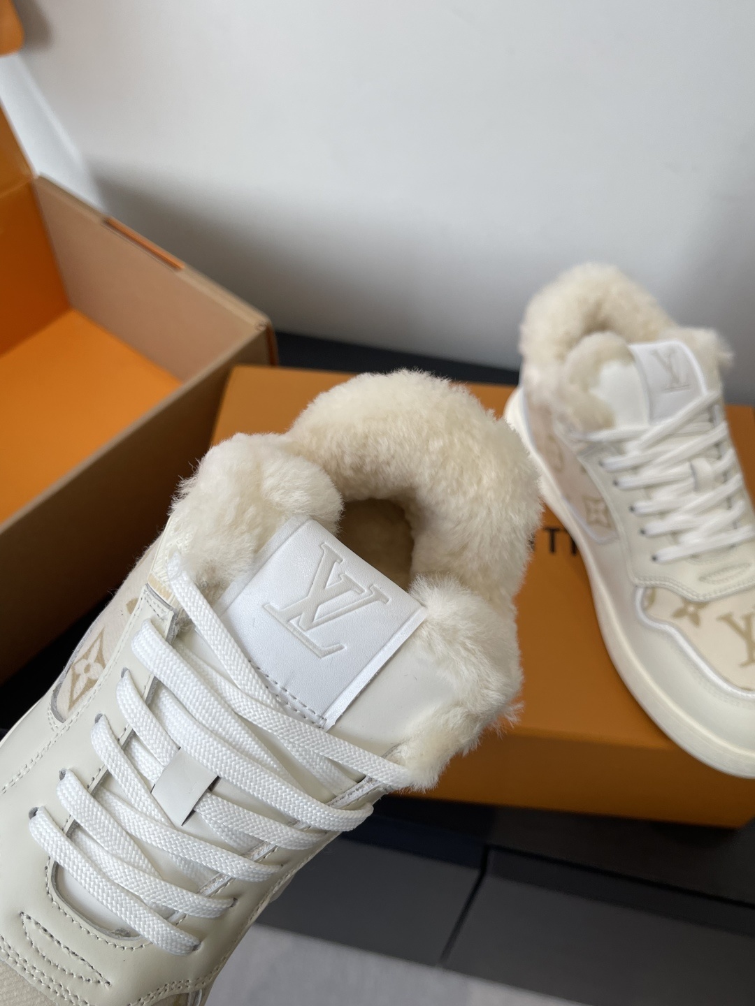 Louis Vuitton Women's Shearling-Lined Monogram Sneakers - Beige