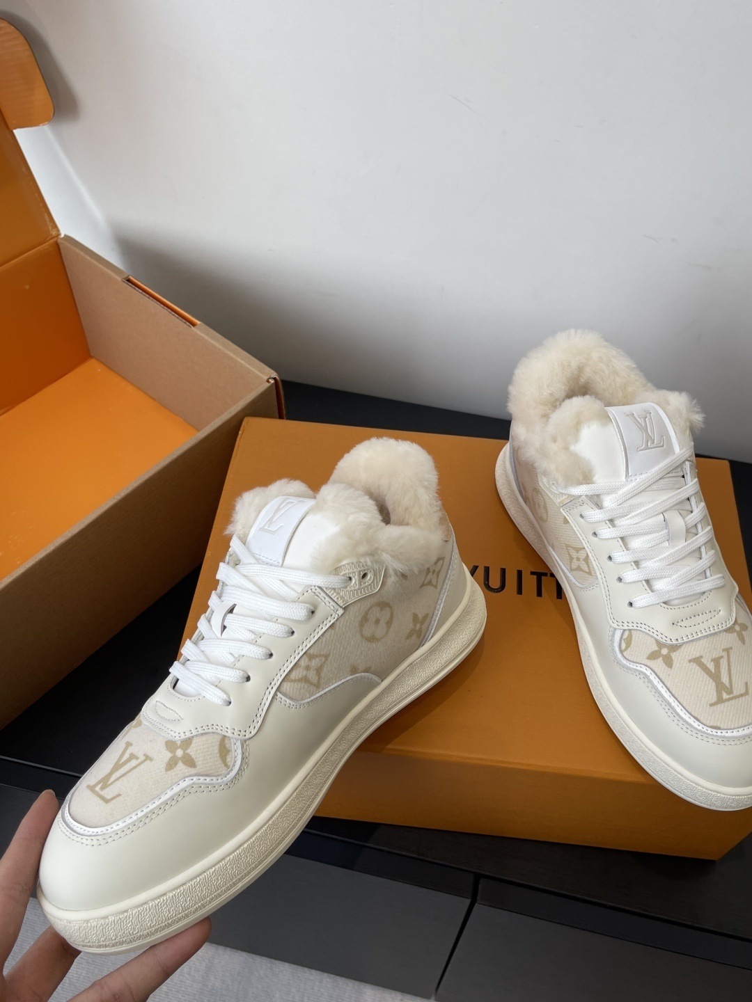 Louis Vuitton Women's Shearling-Lined Monogram Sneakers - Beige