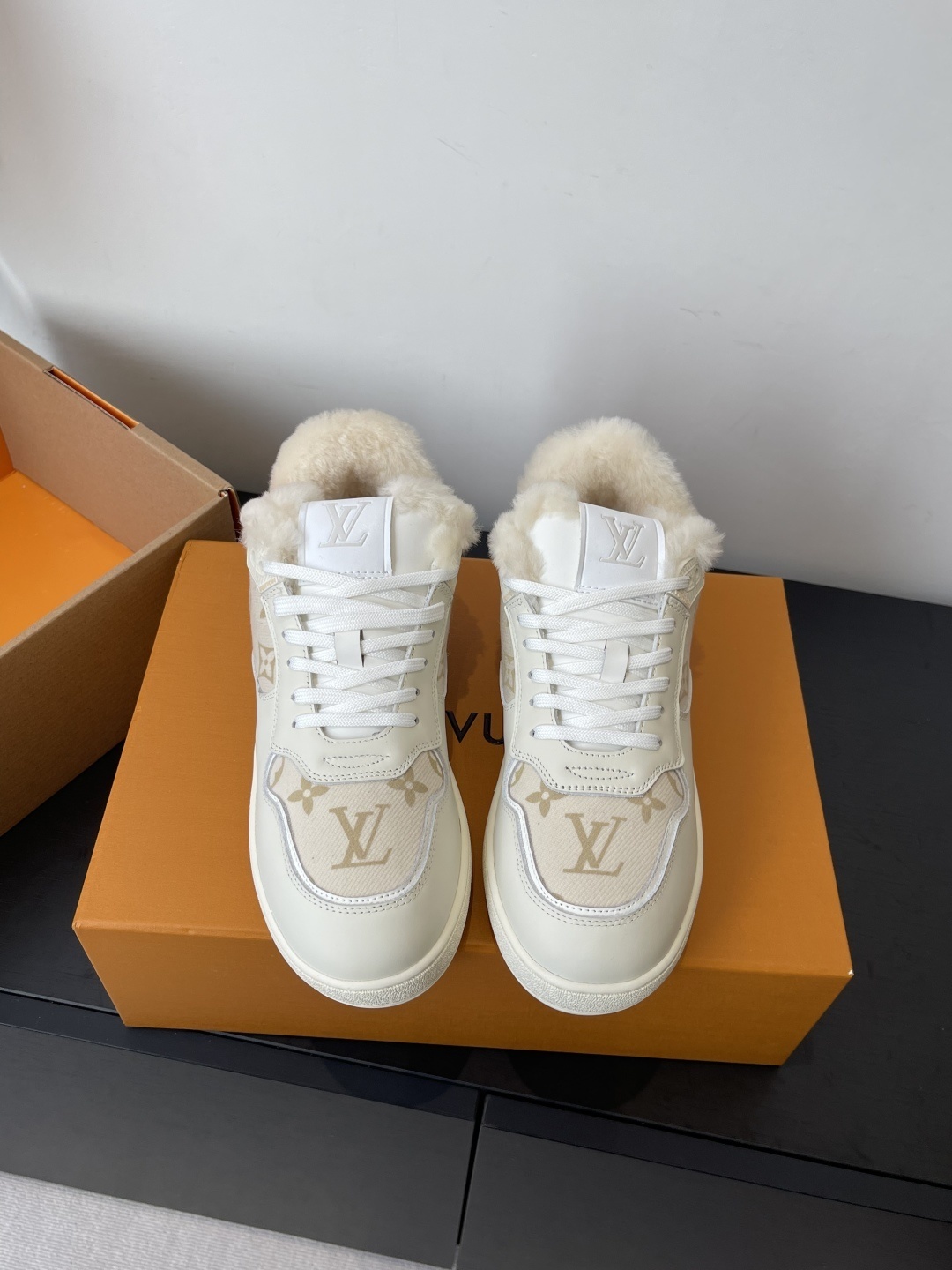 Louis Vuitton Women’s Shearling-Lined Monogram Sneakers – Beige