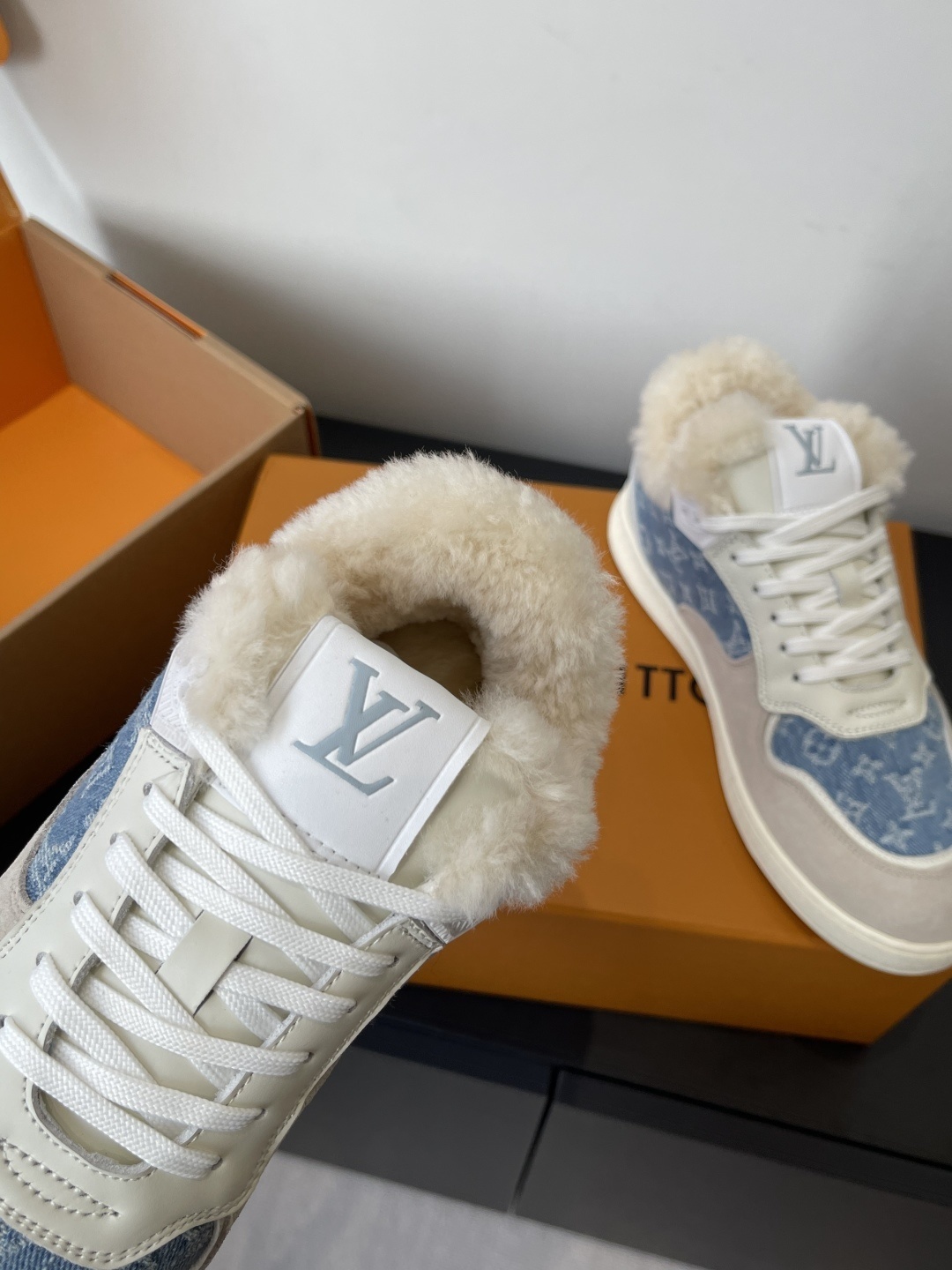 Louis Vuitton Monogram Denim Shearling Winter Trainer Sneakers