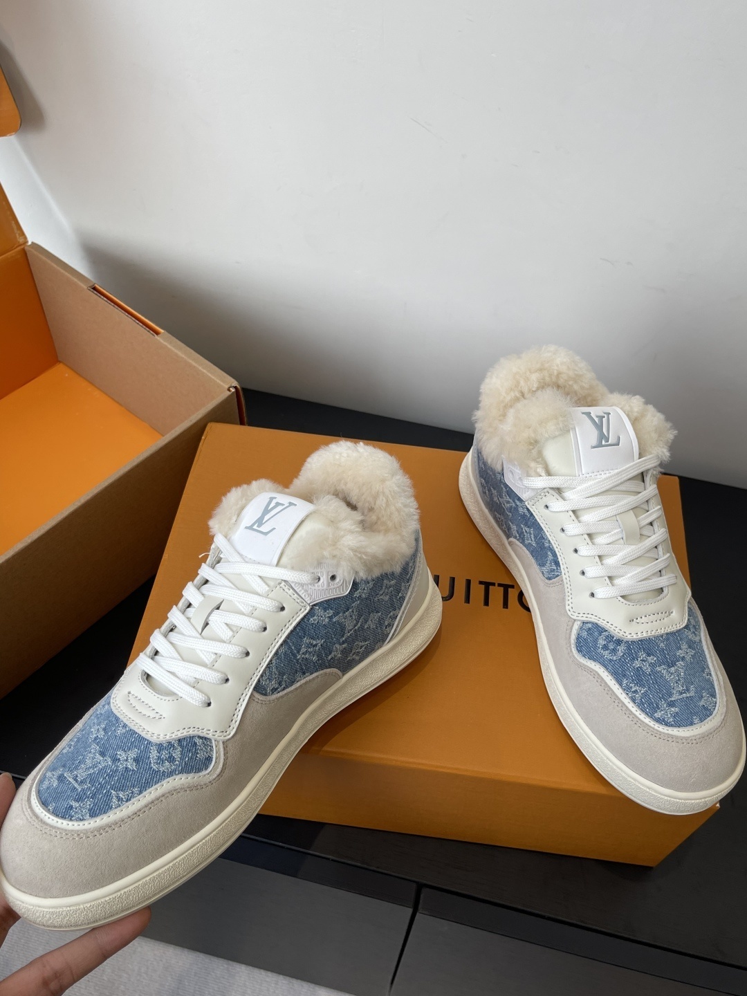 Louis Vuitton Monogram Denim Shearling Winter Trainer Sneakers
