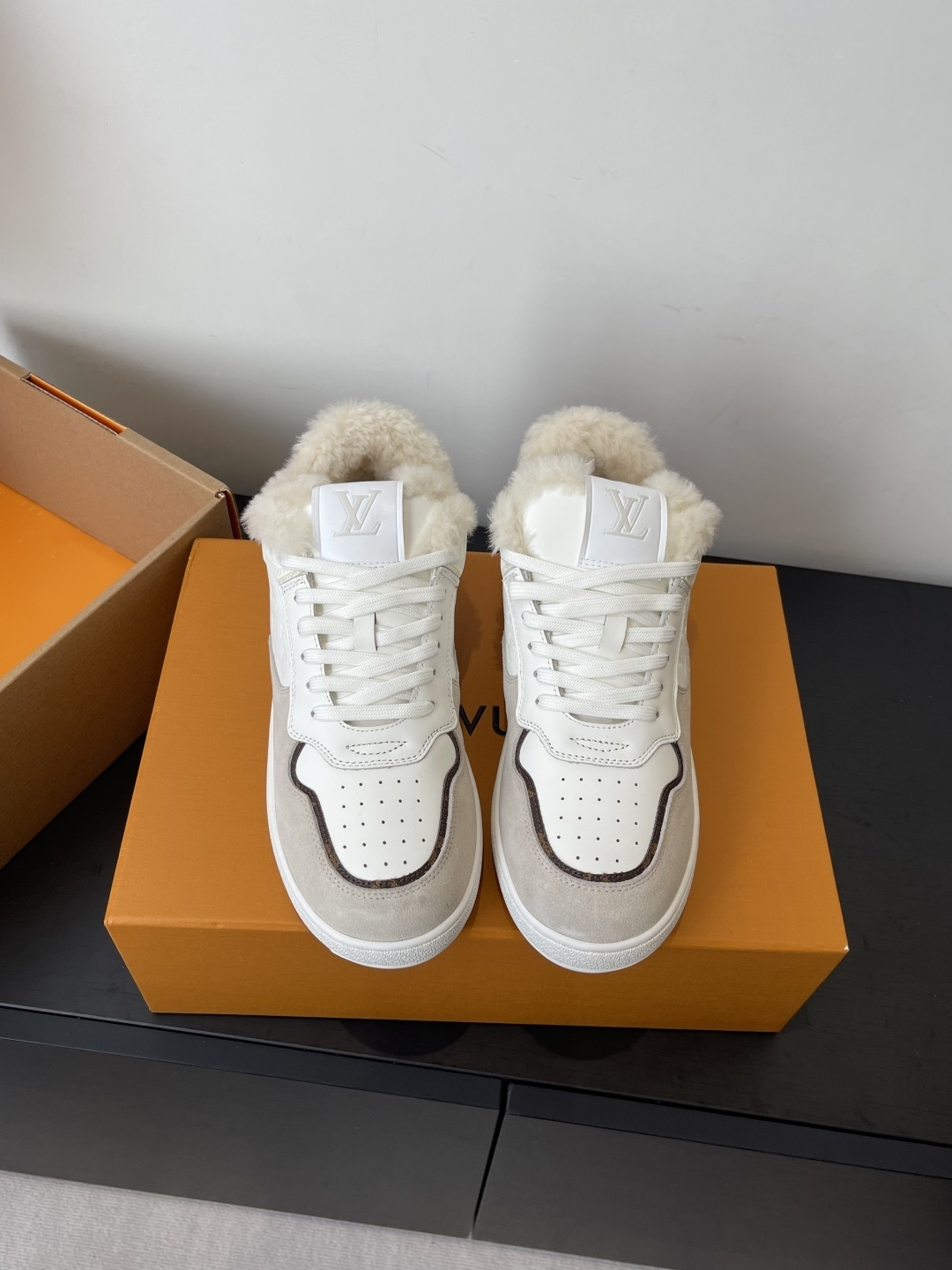 Louis Vuitton White Leather & Shearling Trim Luxury Sneakers