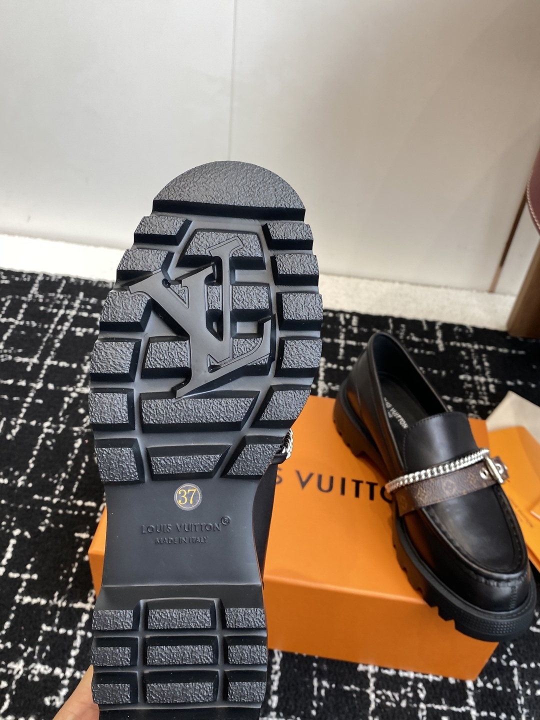 Louis Vuitton Academy Loafers - Black Leather with Monogram Strap