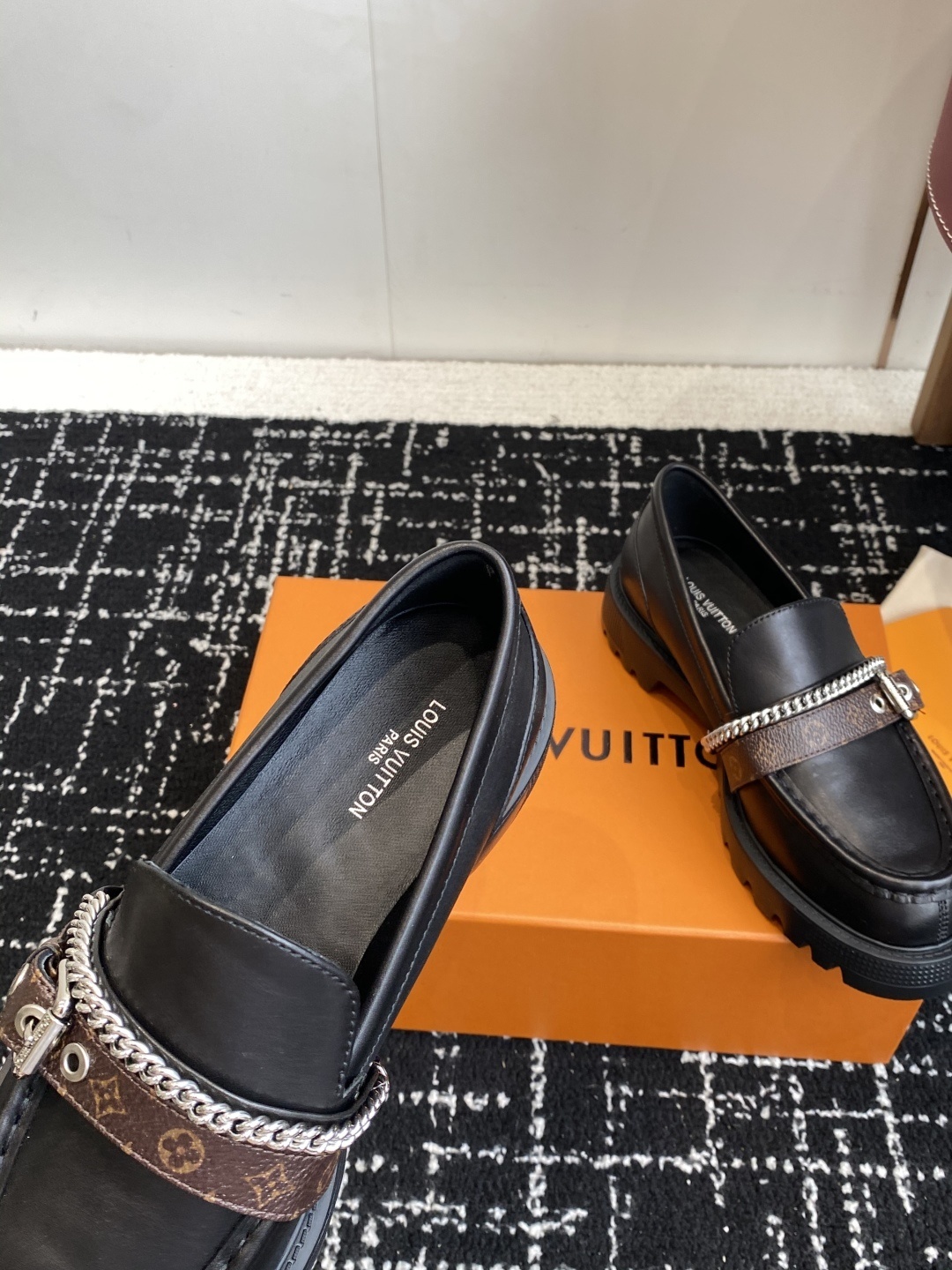 Louis Vuitton Academy Loafers - Black Leather with Monogram Strap