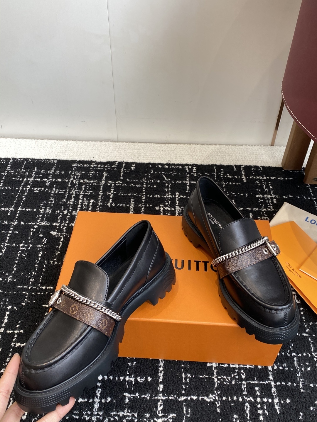 Louis Vuitton Academy Loafers - Black Leather with Monogram Strap