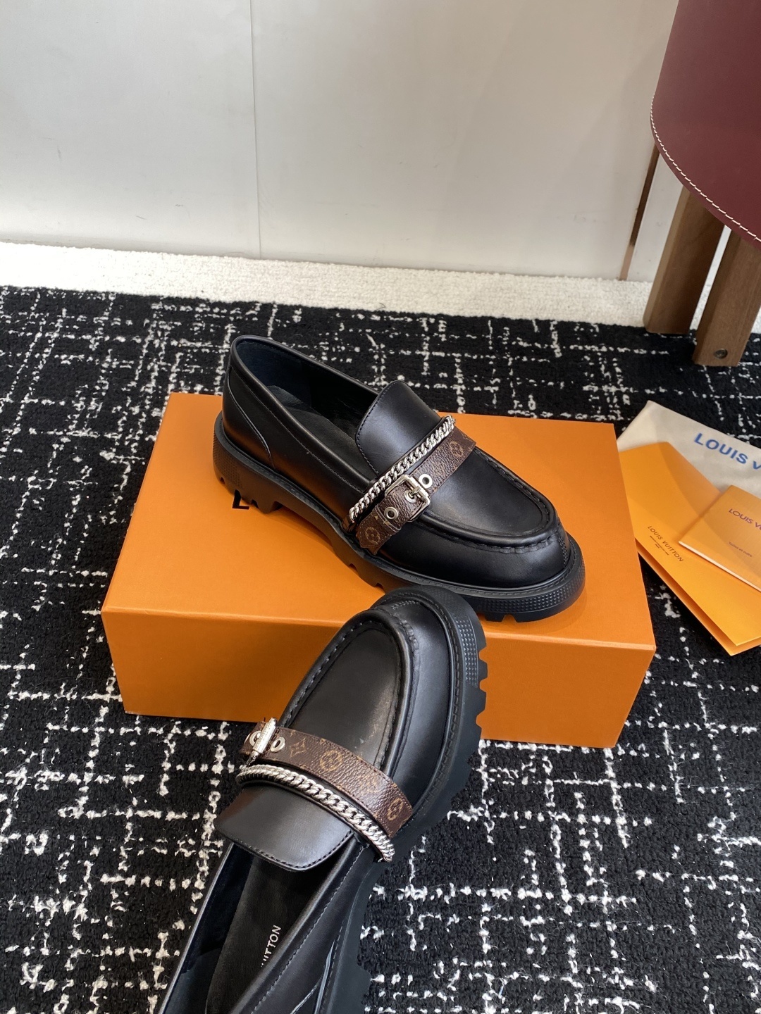 Louis Vuitton Academy Loafers - Black Leather with Monogram Strap