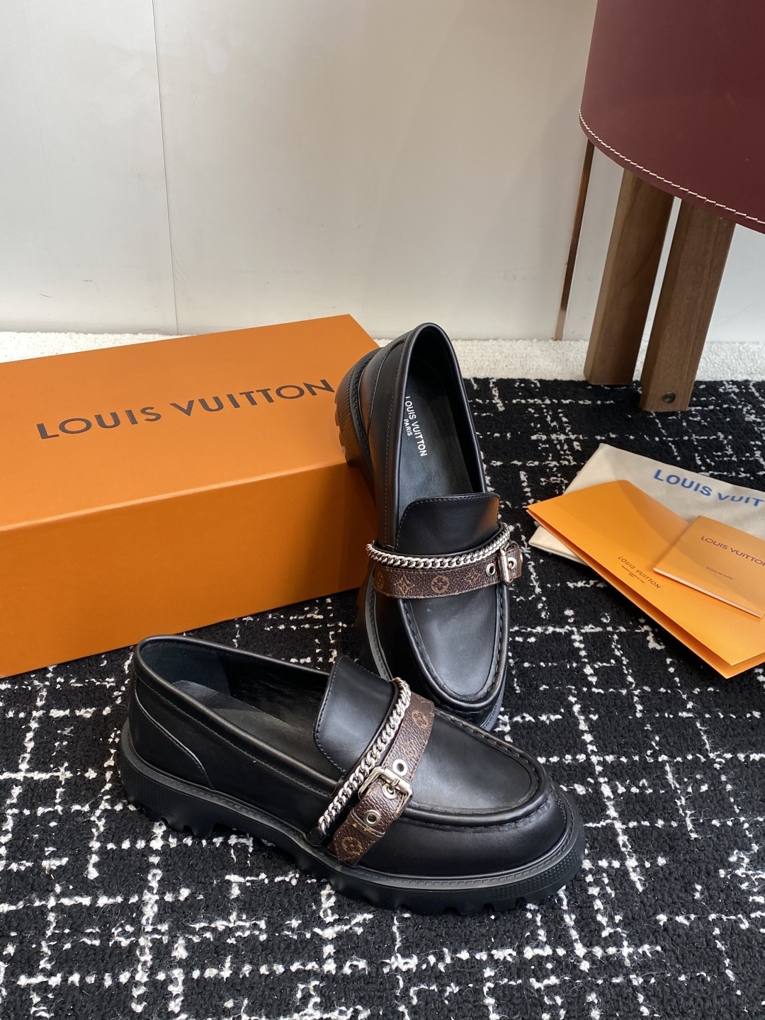 Louis Vuitton Academy Loafers - Black Leather with Monogram Strap
