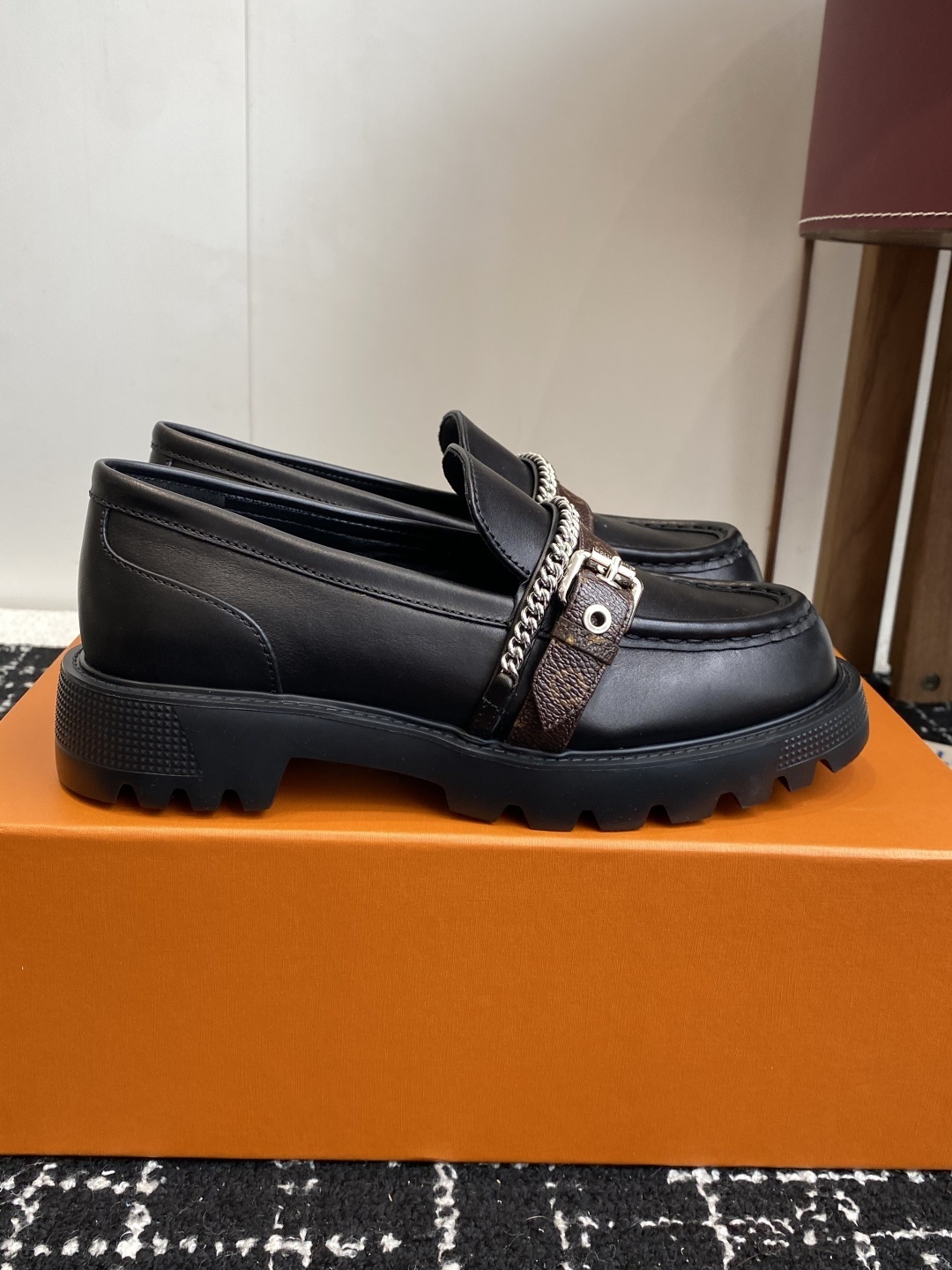 Louis Vuitton Academy Loafers - Black Leather with Monogram Strap