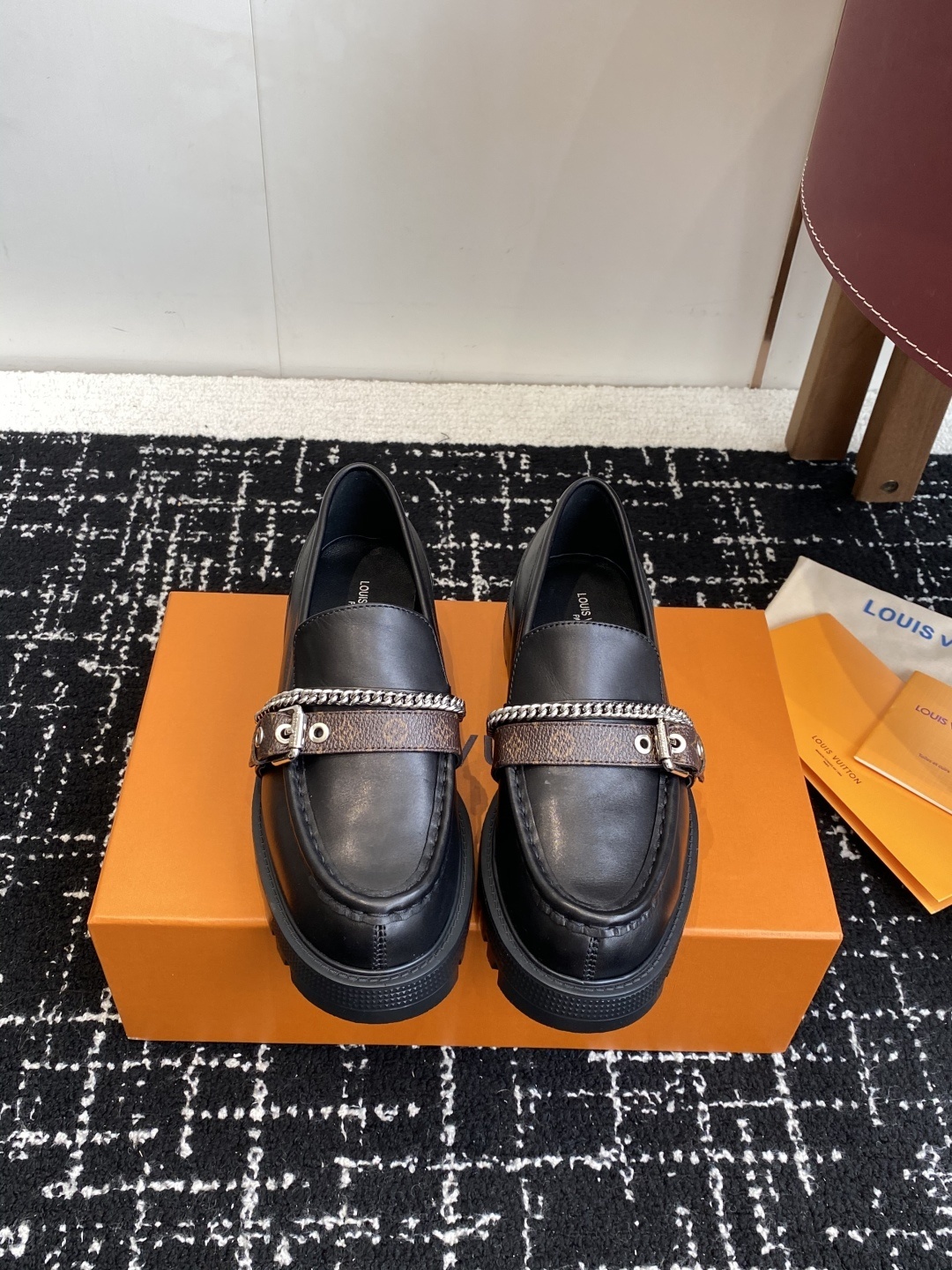 Louis Vuitton Academy Loafers – Black Leather with Monogram Strap
