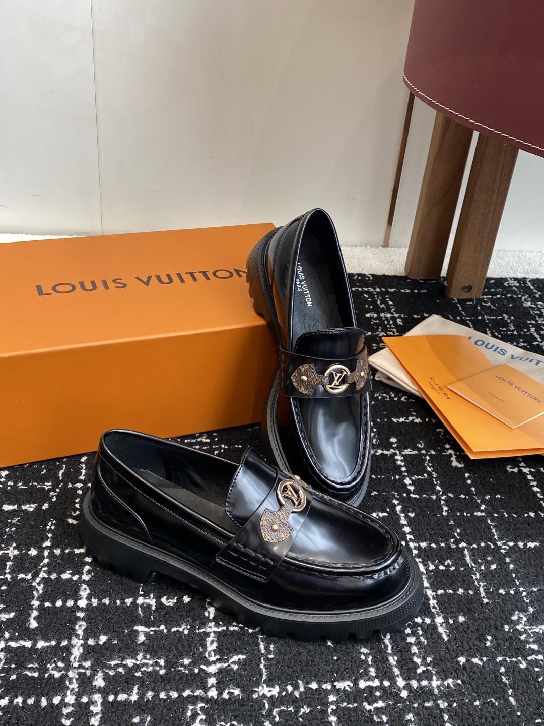 Louis Vuitton Academy Loafers in Black Leather with Monogram Strap