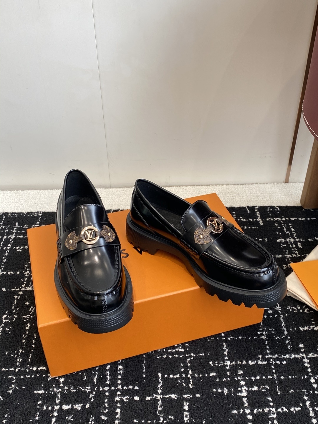 Louis Vuitton Academy Loafers in Black Leather with Monogram Strap