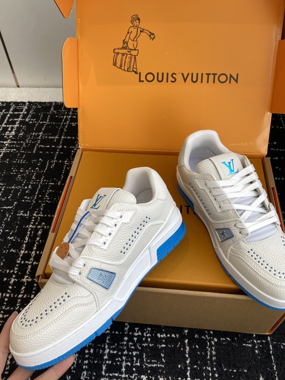 Louis Vuitton LV Trainer White & Light Blue Grained Leather Sneakers