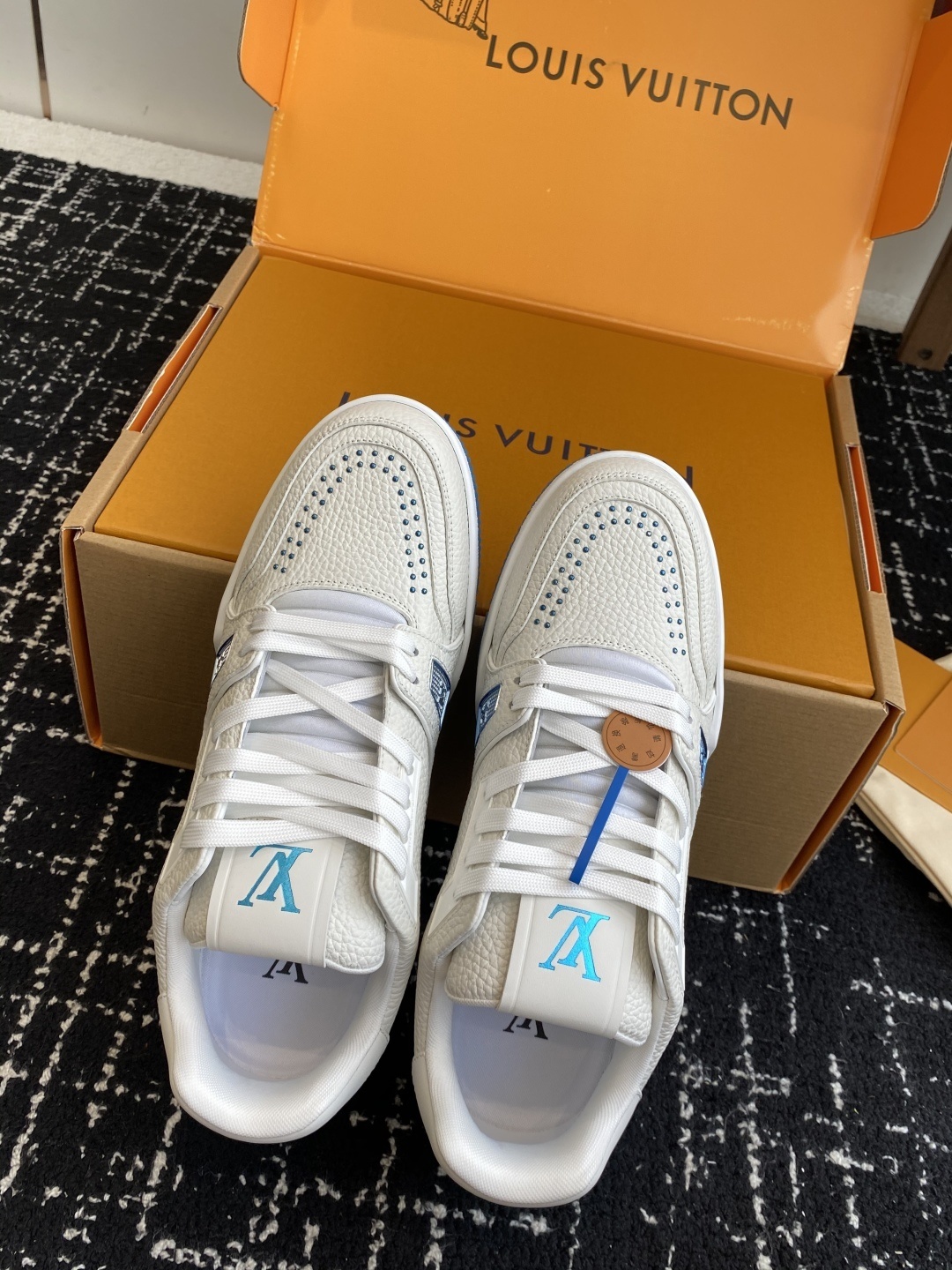 Louis Vuitton LV Trainer White & Light Blue Grained Leather Sneakers