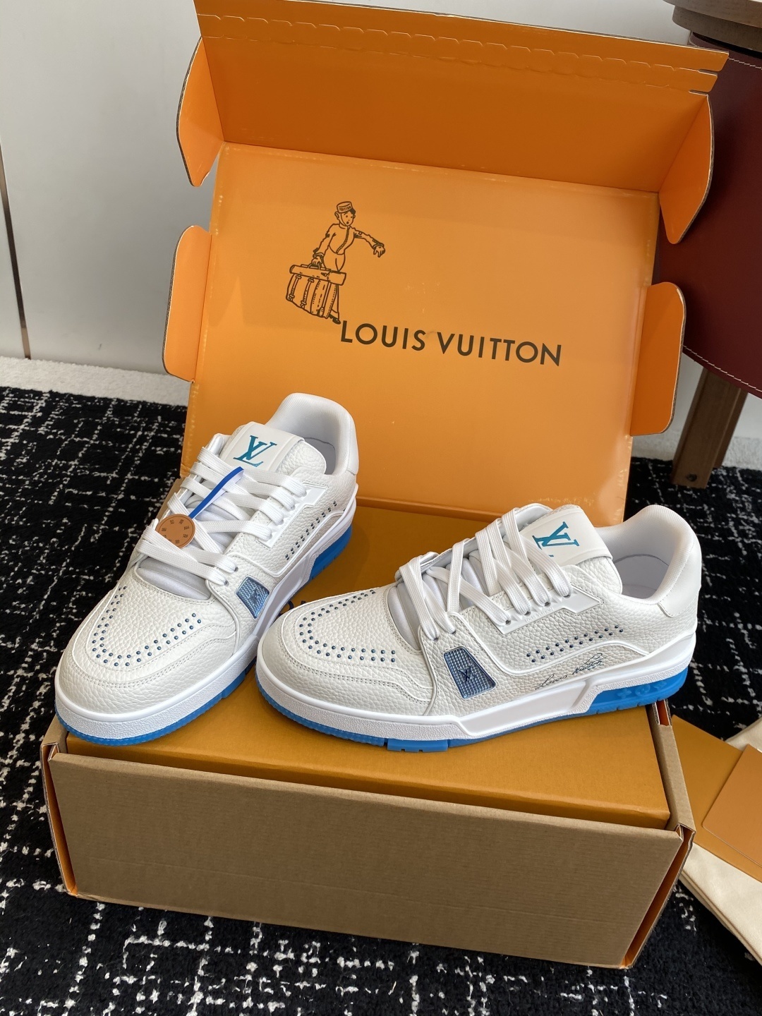 Louis Vuitton LV Trainer White & Light Blue Grained Leather Sneakers