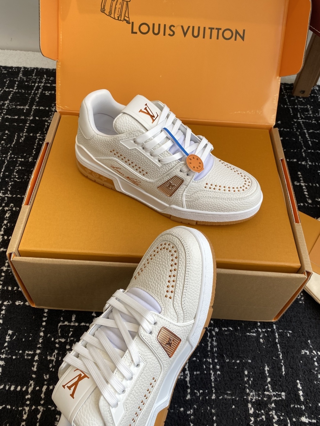 Louis Vuitton Trainer Sneaker White Grained Leather Gold Studs