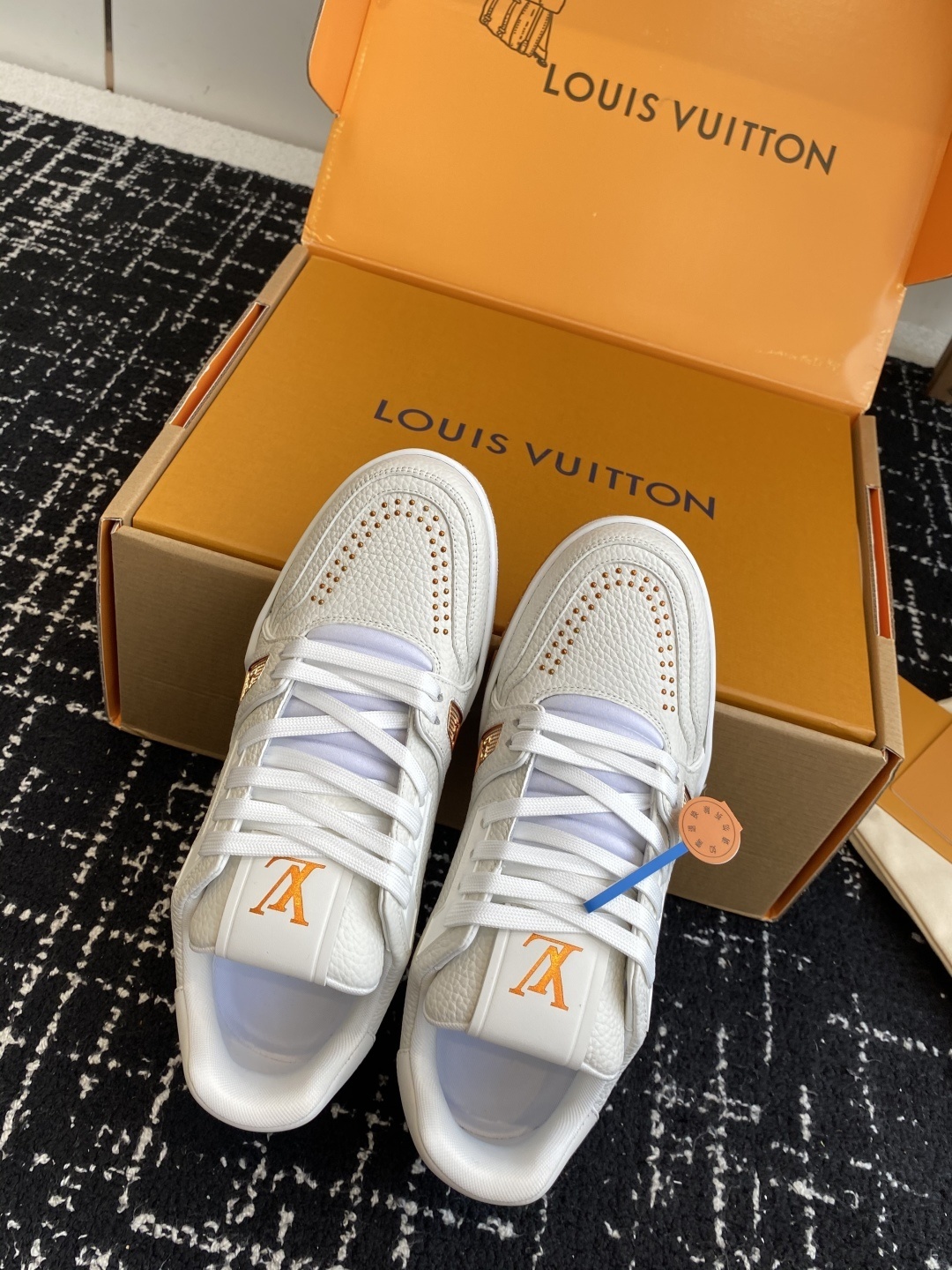 Louis Vuitton Trainer Sneaker White Grained Leather Gold Studs