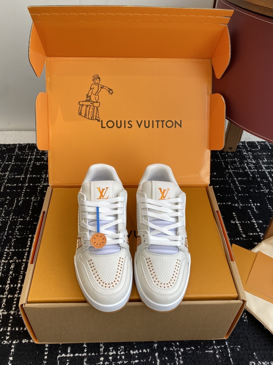 Louis Vuitton Trainer Sneaker White Grained Leather Gold Studs