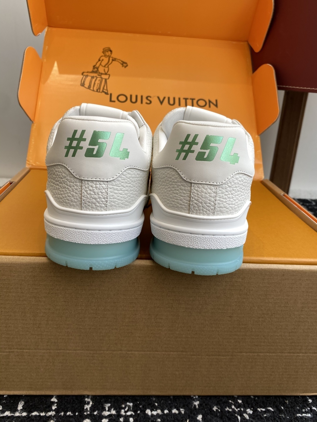 Louis Vuitton LV Trainer Sneaker White Grained Leather Green Accents