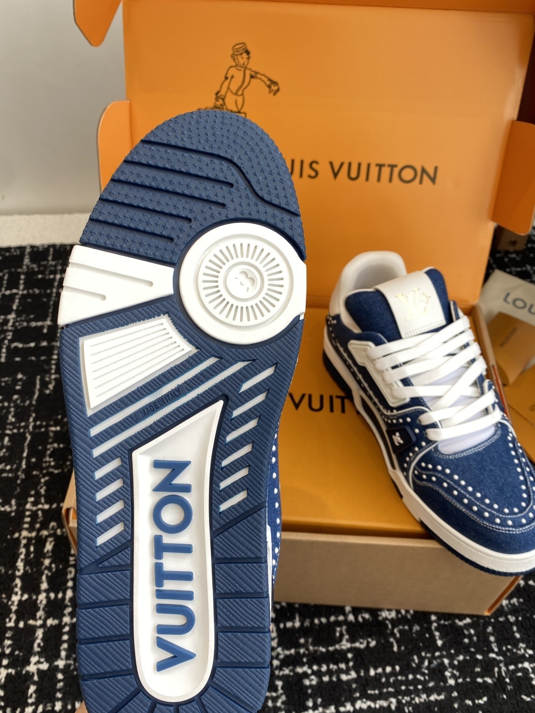 Louis Vuitton LV Trainer Blue Denim Sneakers with Pearl Detailing