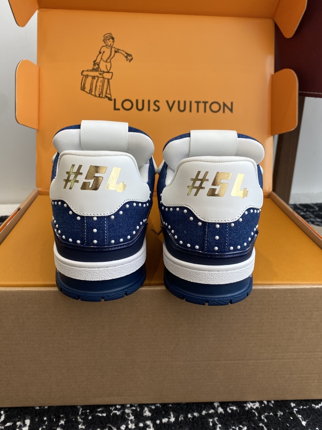 Louis Vuitton LV Trainer Blue Denim Sneakers with Pearl Detailing