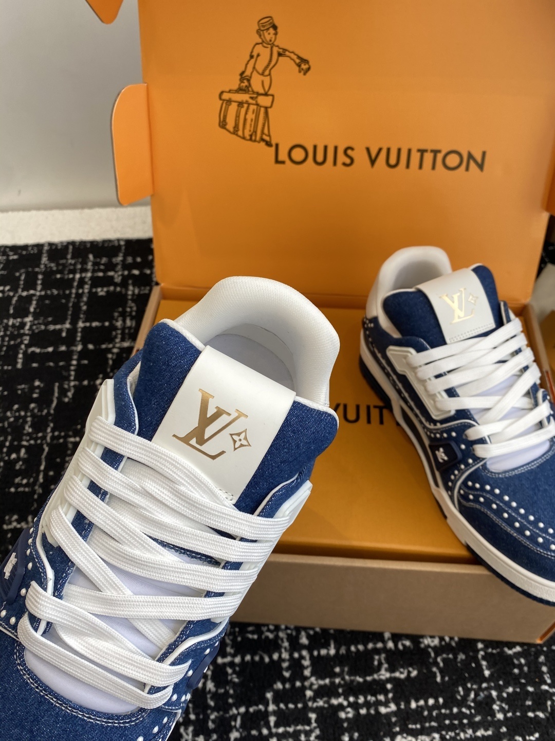 Louis Vuitton LV Trainer Blue Denim Sneakers with Pearl Detailing