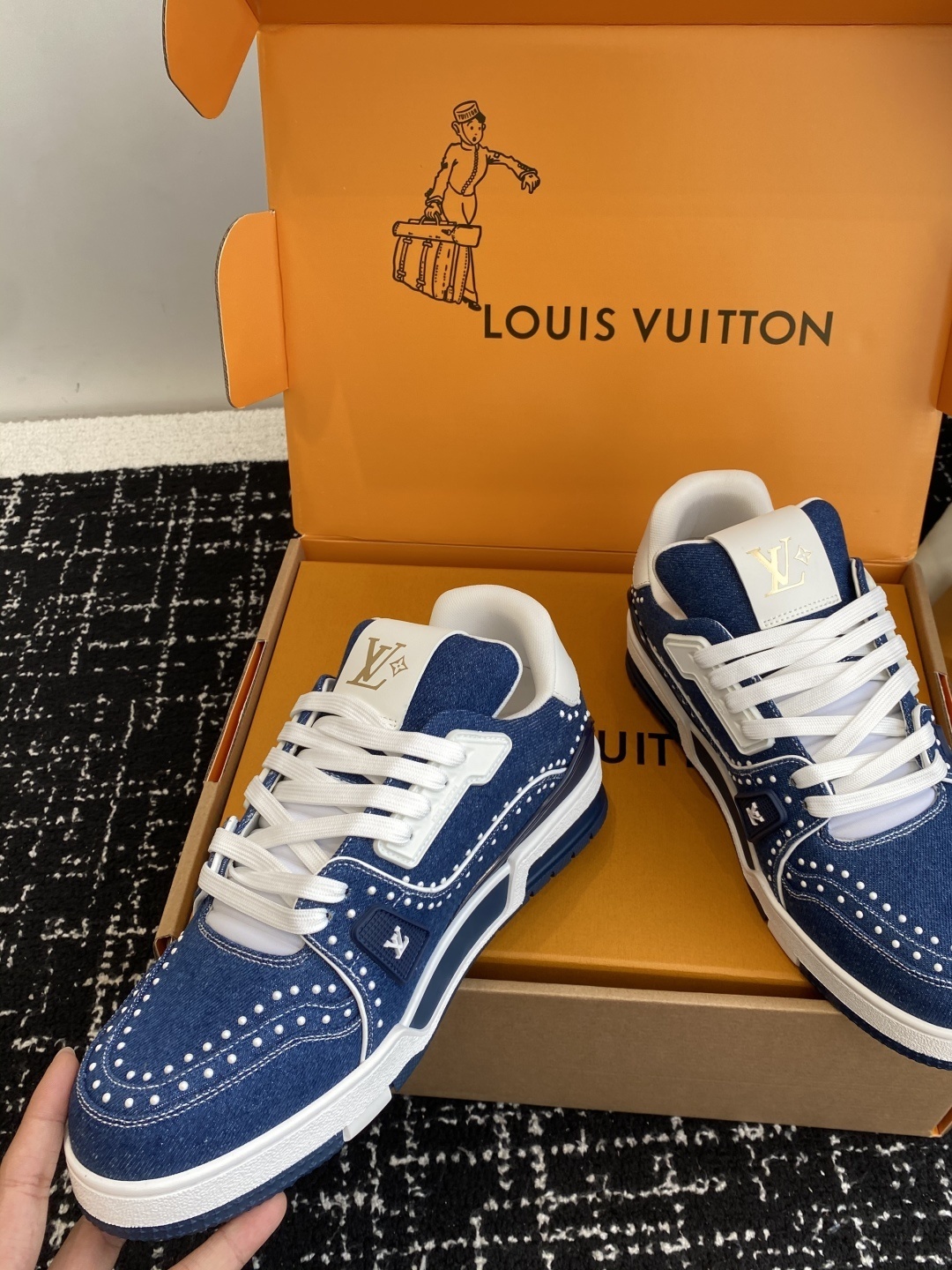 Louis Vuitton LV Trainer Blue Denim Sneakers with Pearl Detailing