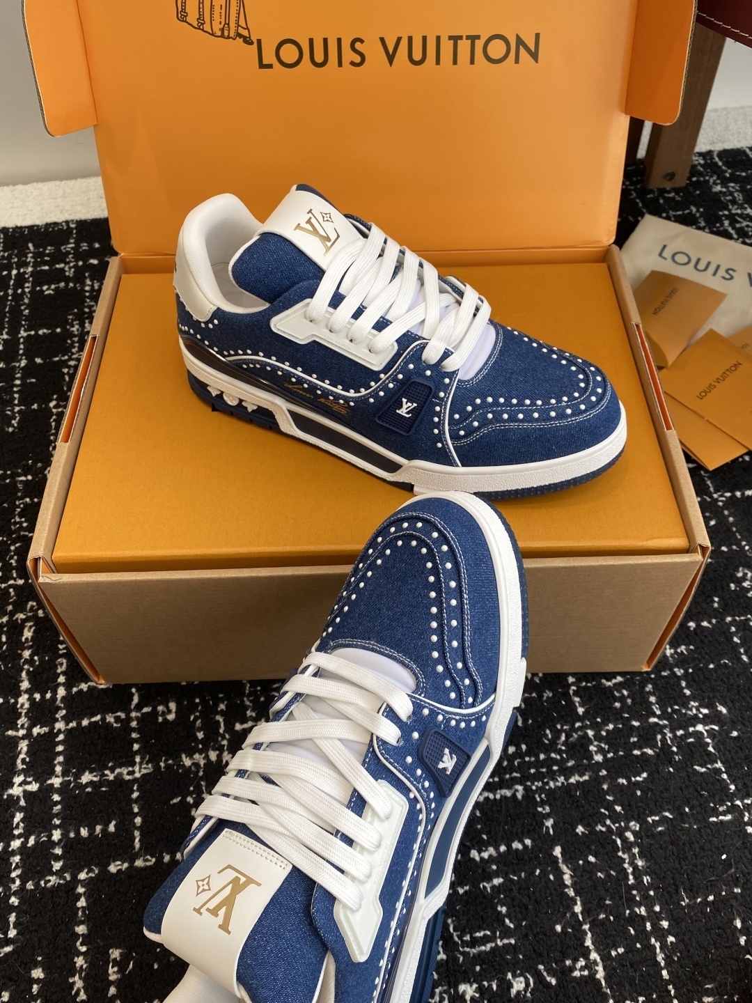 Louis Vuitton LV Trainer Blue Denim Sneakers with Pearl Detailing