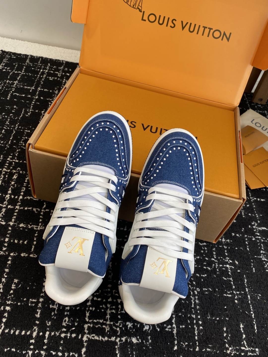Louis Vuitton LV Trainer Blue Denim Sneakers with Pearl Detailing