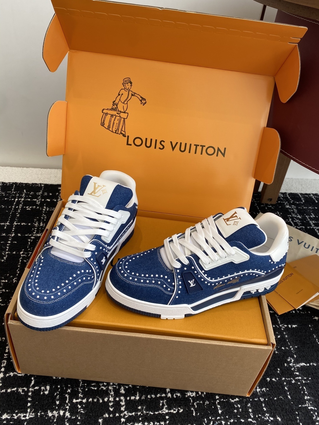 Louis Vuitton LV Trainer Blue Denim Sneakers with Pearl Detailing