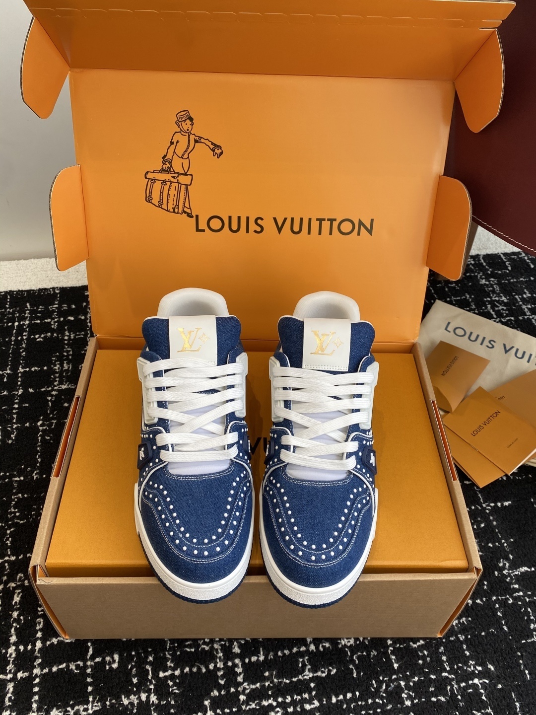 Louis Vuitton LV Trainer Blue Denim Sneakers with Pearl Detailing