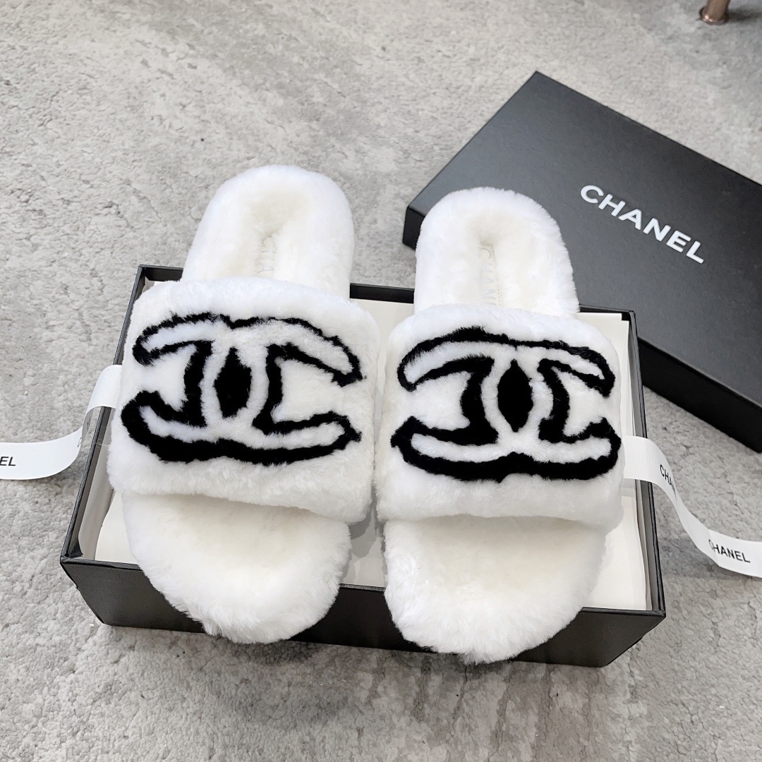 Premium White Plush Faux Fur Slides with Black CC Logo
